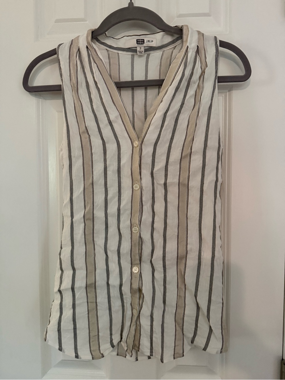 Etcetera Sleeveless Striped Button-Down Top - White, Tan, Gray